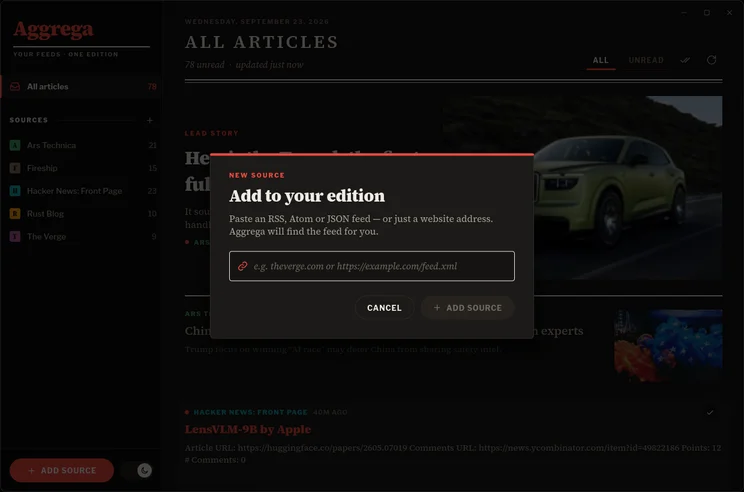 The Add source dialog, with a field for a website or feed address.