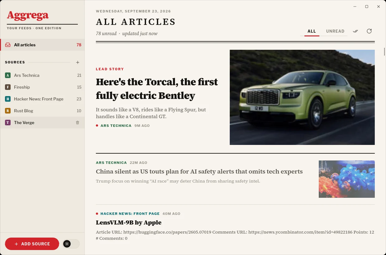 Aggrega in the light theme: a sidebar of sources on the left and a newspaper-style list of articles with a lead story.